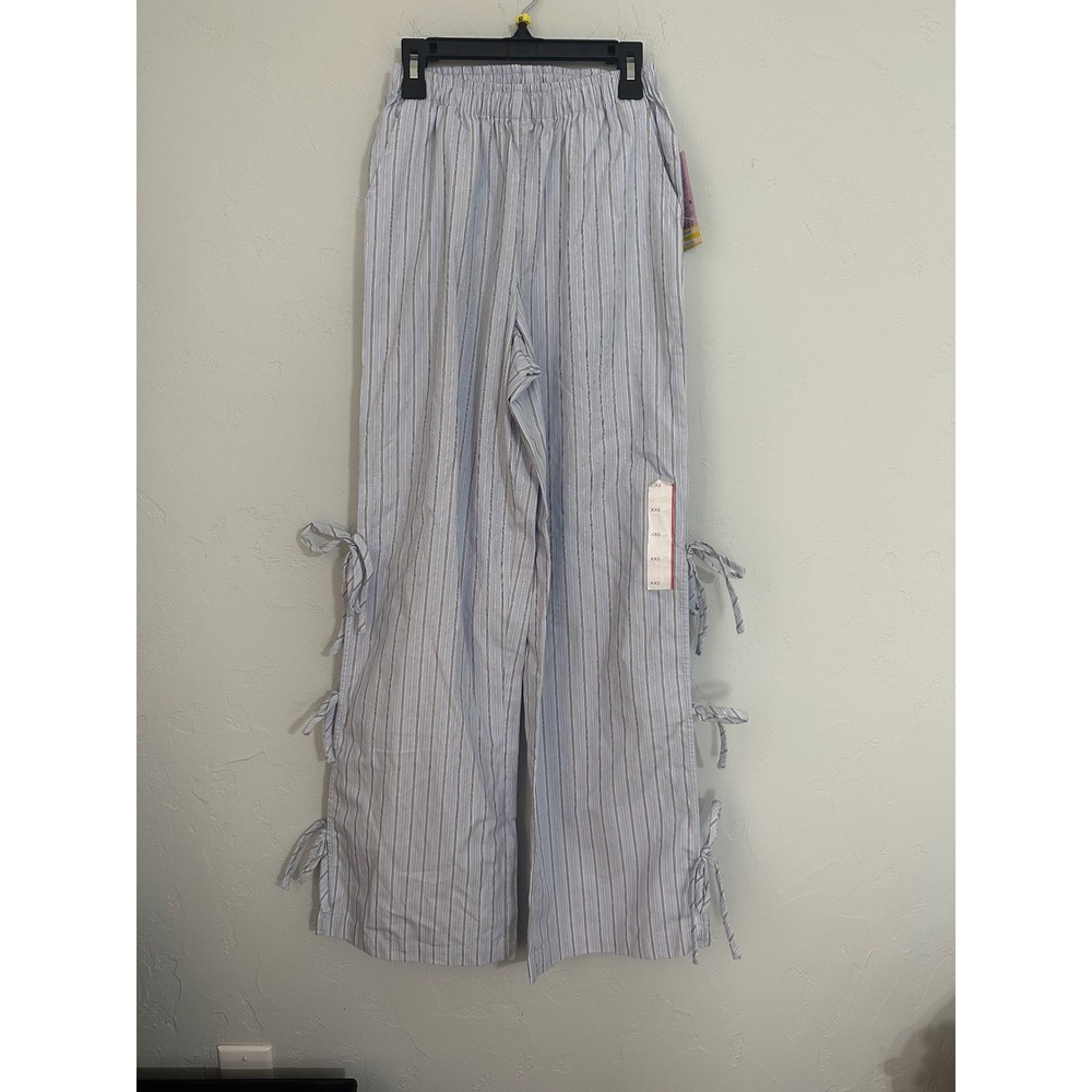 Womens Striped Wide Leg Pants Tie Detail Cropped Casual Lounge XXS